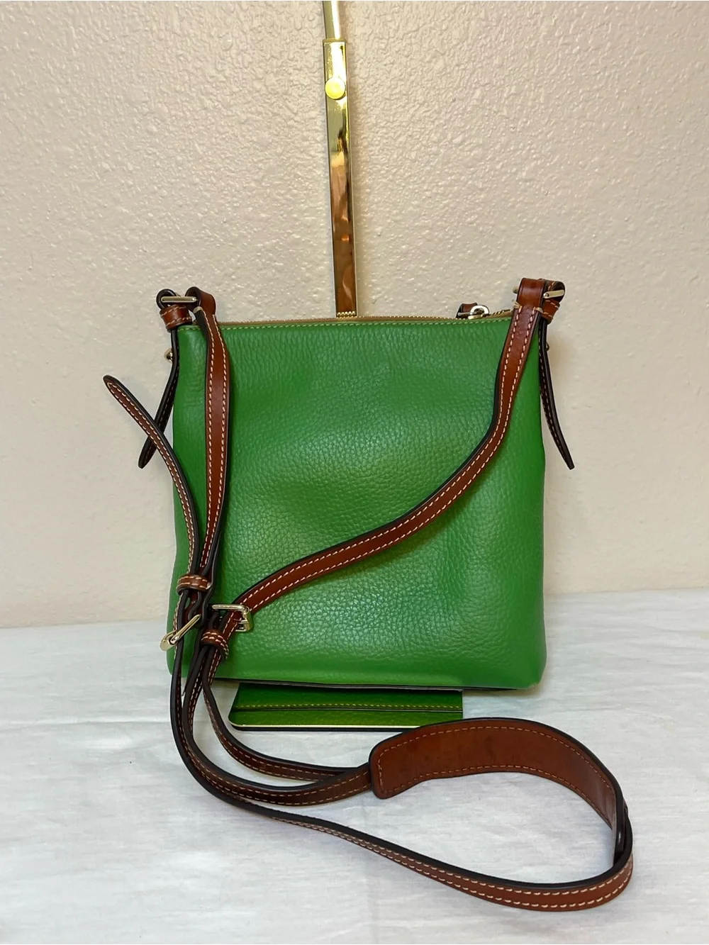 Dooney & Bourke Green Pebbled Leather Crossbody with Brown Trim